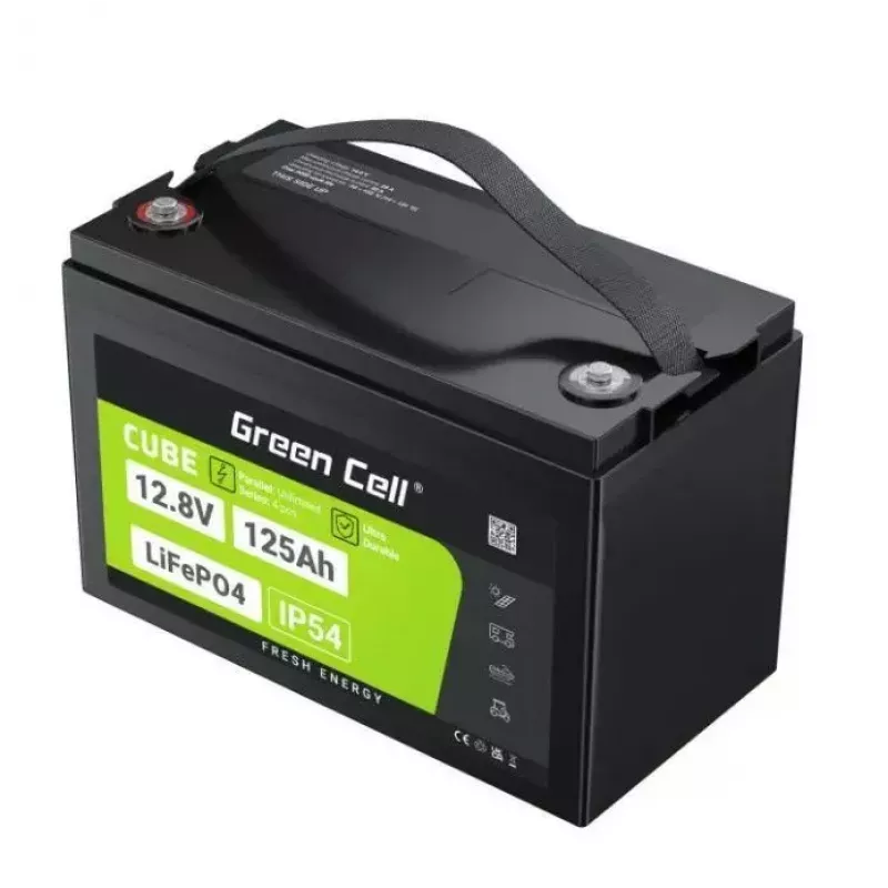 LiFePO4 battery Green Cell 12.8V 125Ah — 125 Ah, 12.8 V, 150 A max discharge, 13.5 kg, 340×180×225 mm