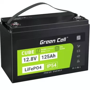 LiFePO4 battery Green Cell 12.8V 125Ah — 125 Ah, 12.8 V, 150 A max discharge, 13.5 kg, 340×180×225 mm