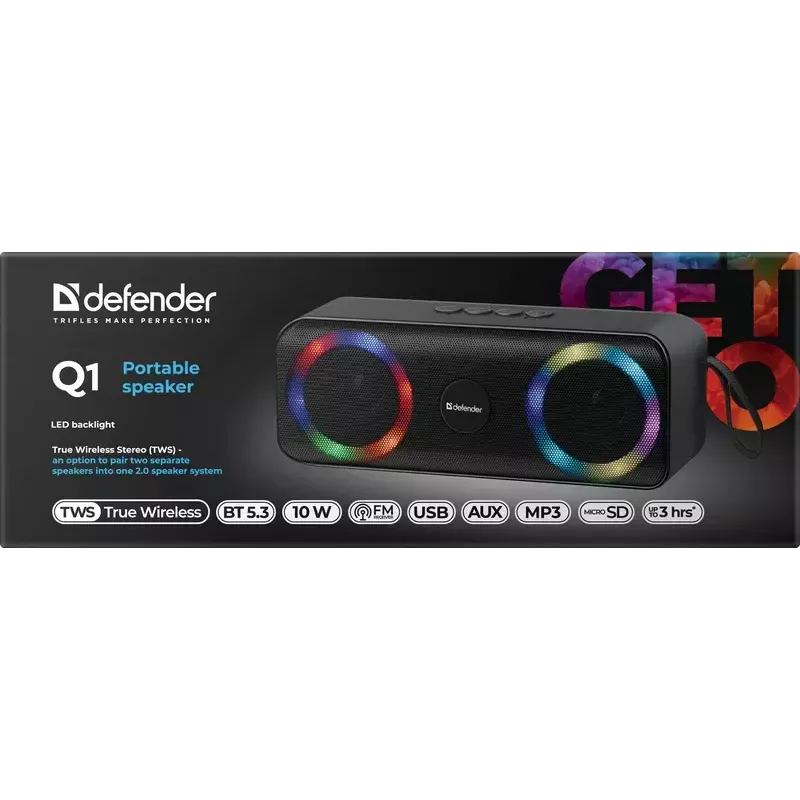 Portable Bluetooth Mono Speaker DEFENDER Q1 Black, 10W RMS, 1200 mAh, Bluetooth 5.0, MicroSD, FM, AUX, USB