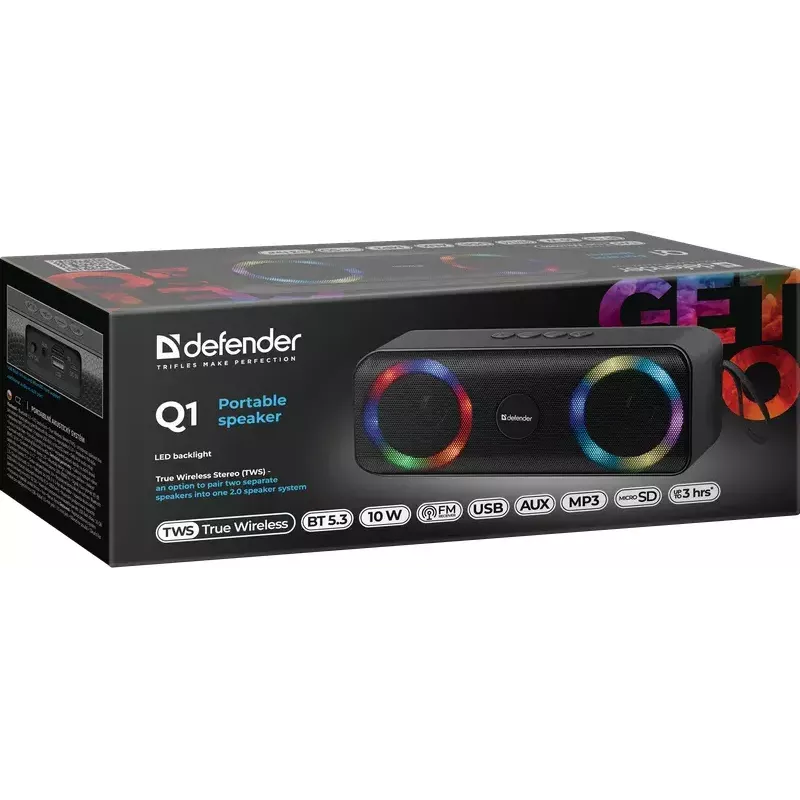 Portable Bluetooth Mono Speaker DEFENDER Q1 Black, 10W RMS, 1200 mAh, Bluetooth 5.0, MicroSD, FM, AUX, USB