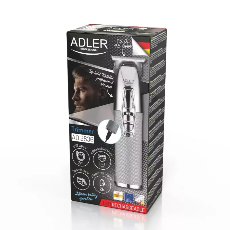 Beard trimmer Adler AD 2836S, cordless lithium battery, 0.9–6 mm, 4 length steps, stainless steel blades, silver