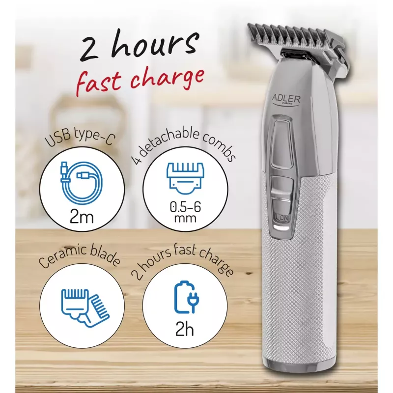 Beard trimmer Adler AD 2836S, cordless lithium battery, 0.9–6 mm, 4 length steps, stainless steel blades, silver