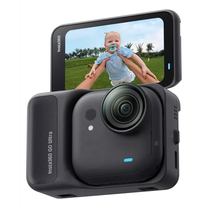 Action sports camera Insta360 GO Ultra Standard Black — 4K Ultra HD 3840×2880, 1/1.28 inch sensor, 240 fps, Wi‑Fi, built-in display, MicroSD, 52.9 g