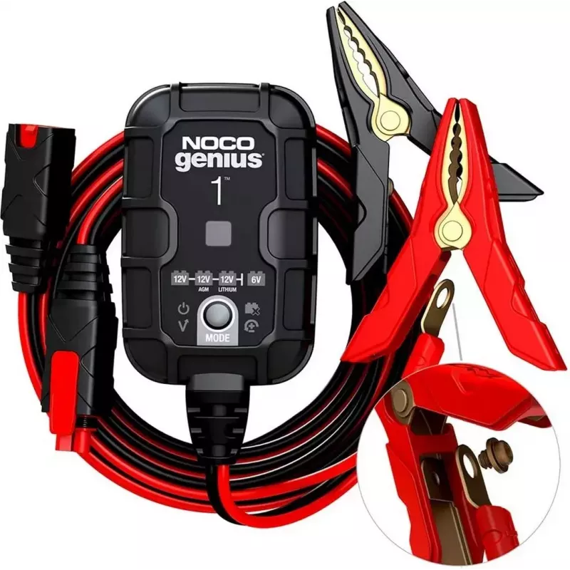 Battery charger NOCO GENIUS1EU 1A smart charger for 12V lead‑acid and lithium batteries, compact design