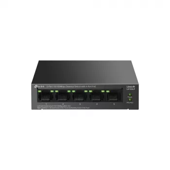 Unmanaged switch TP‑LINK LS105P, 5x Fast Ethernet (10/100) ports, 4x PoE ports, 1 Gbit/s switching capacity, fanless, black