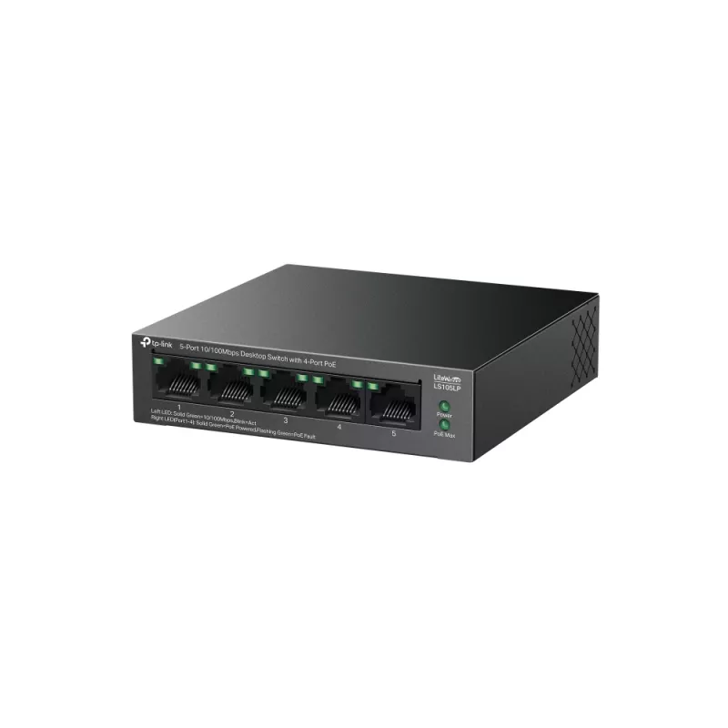 Unmanaged switch TP‑LINK LS105P, 5x Fast Ethernet (10/100) ports, 4x PoE ports, 1 Gbit/s switching capacity, fanless, black