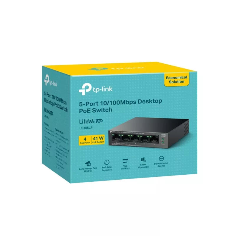 Unmanaged switch TP‑LINK LS105P, 5x Fast Ethernet (10/100) ports, 4x PoE ports, 1 Gbit/s switching capacity, fanless, black