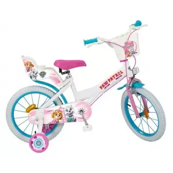 Children's bicycle Toimsa 16 inch model 1681 — steel frame, 16-inch inflatable wheels, front and rear caliper brakes, with stabilizers and basket (PAW Patrol)