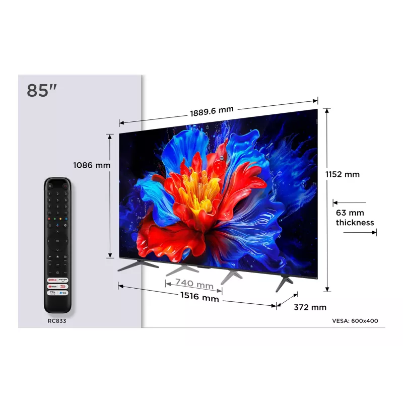 Smart TV TCL 85P89K 85 inch (216 cm) QLED 4K UHD, Google TV, HDR10+, 450 cd/m², 3840×2160