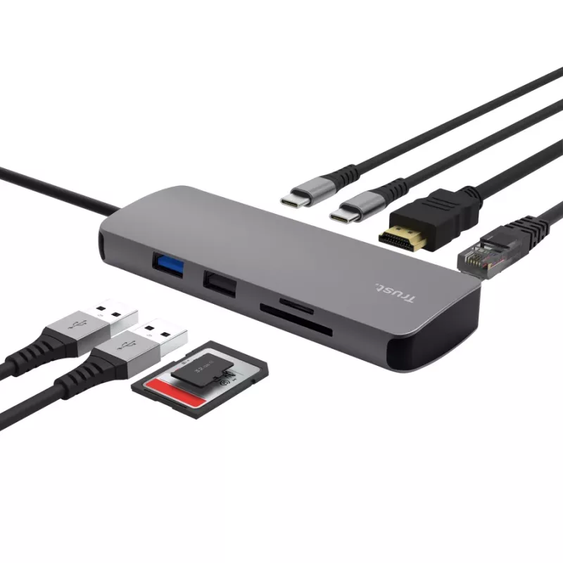 USB Type-C hub TRUST 25672 — HDMI, RJ-45, USB 3.2 Gen 1 Type-A/Type-C, SD/MicroSD, grey