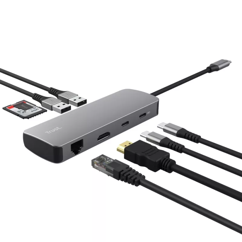 USB Type-C hub TRUST 25672 — HDMI, RJ-45, USB 3.2 Gen 1 Type-A/Type-C, SD/MicroSD, grey