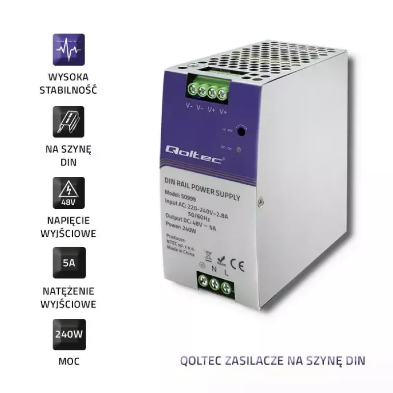 DIN rail power supply QOLTEC 50999, 240W, 48V DC, 5A output