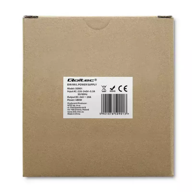 Industrial DIN rail power supply QOLTEC 50901 — 480W, 24V DC, 20A