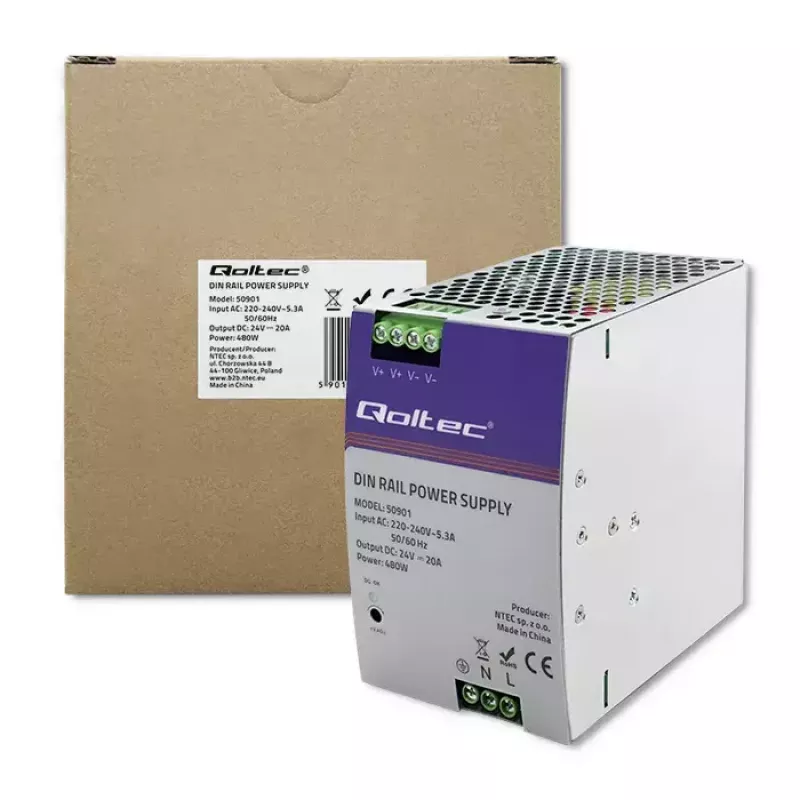 Industrial DIN rail power supply QOLTEC 50901 — 480W, 24V DC, 20A