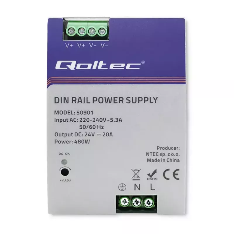 Industrial DIN rail power supply QOLTEC 50901 — 480W, 24V DC, 20A