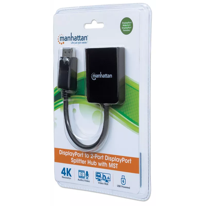 Manhattan DisplayPort 1.2 to 2-Port DisplayPort 1.2 Splitter Hub with MST, 4K@30Hz, USB-A Powered, Video Wall Function, Black, MST = Multi-Stream Transport, 3 Year Warranty