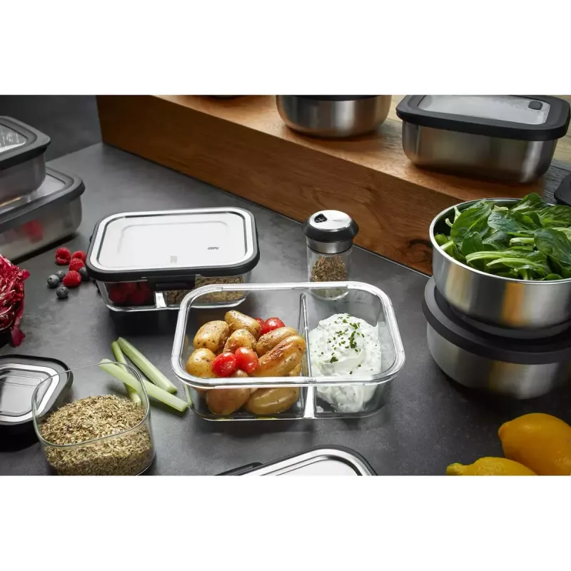 Glass rectangular food storage container set GEFU Milo G-12799 — set of 3, heat resistant, dishwasher safe