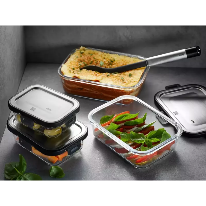 Glass rectangular food storage container set GEFU Milo G-12799 — set of 3, heat resistant, dishwasher safe