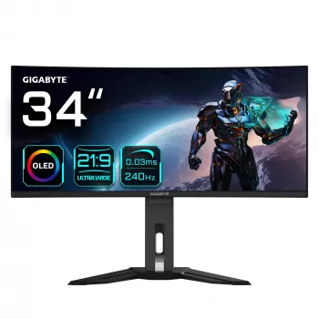 GIGABYTE MO34WQC2 34 inch OLED WQHD Curved Gaming Monitor - 3440 x 1440, 240Hz, 0.03ms, KVM, 250 cd/m², FreeSync Premium Pro, DisplayHDR True Black 400, HDMI 2.1, Displayport 1.4