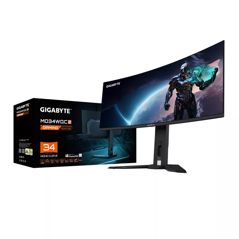 GIGABYTE MO34WQC2 34 inch OLED WQHD Curved Gaming Monitor - 3440 x 1440, 240Hz, 0.03ms, KVM, 250 cd/m², FreeSync Premium Pro, DisplayHDR True Black 400, HDMI 2.1, Displayport 1.4