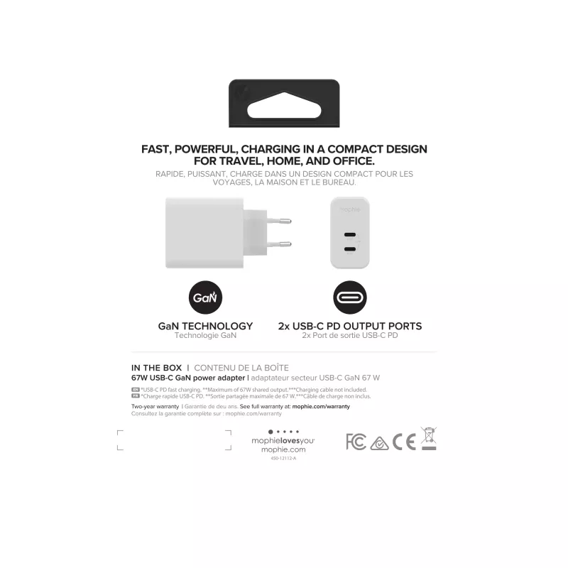mophie Accessories-Wall Adapter-USB-C-PD-DUAL-67W-GAN-White-EU (2xUSBC)