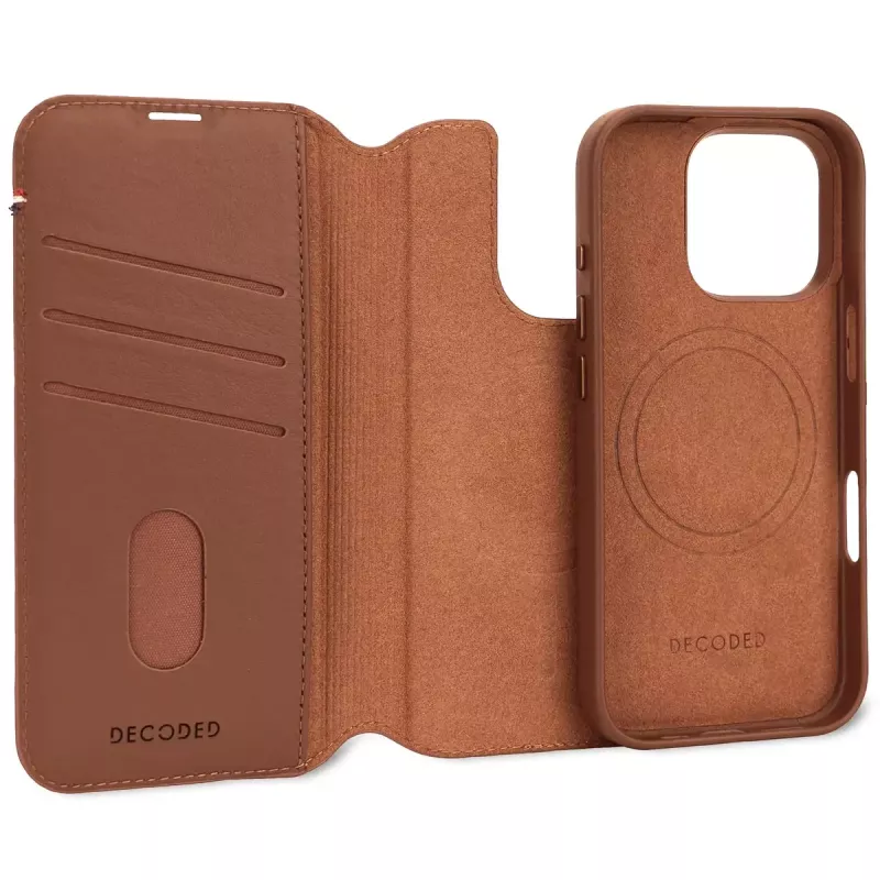 Decoded leather detachable wallet phone case for iPhone 16 Pro — brown, genuine leather, microfibre, 6.3 inch screen, 3 card pockets