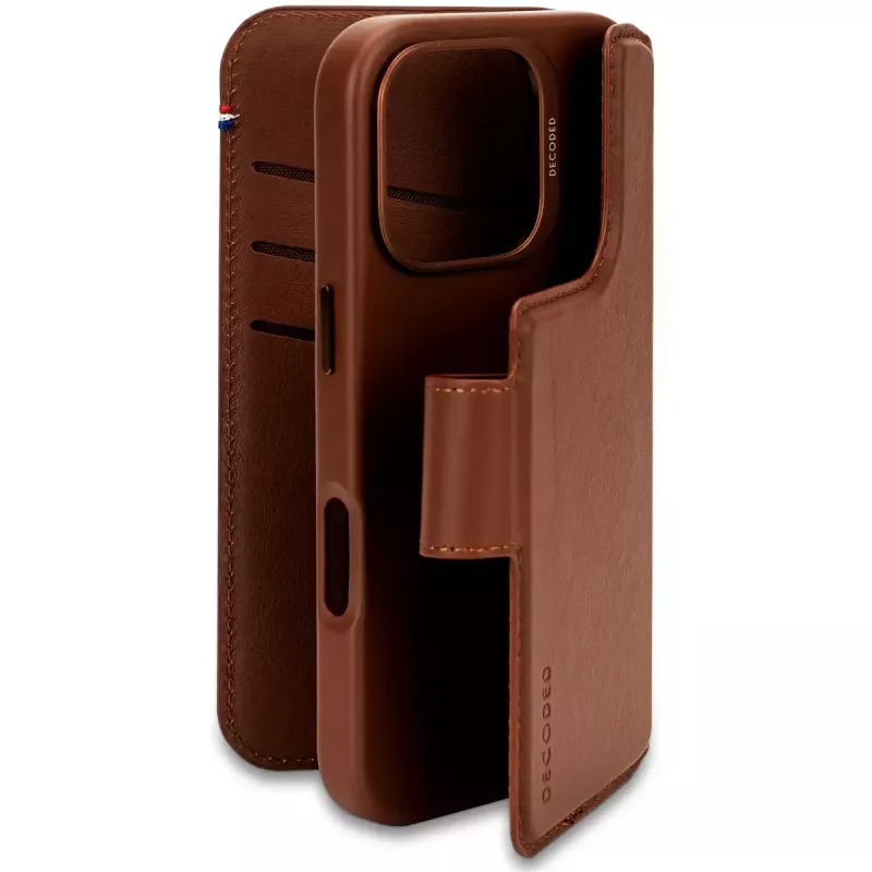 Decoded leather detachable wallet phone case for iPhone 16 Pro — brown, genuine leather, microfibre, 6.3 inch screen, 3 card pockets