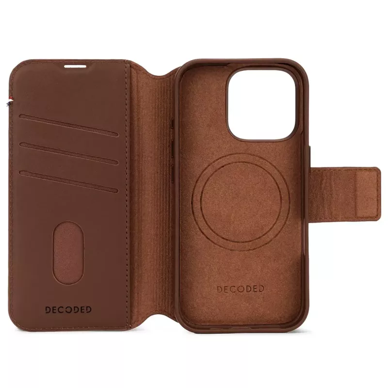 Decoded leather detachable wallet phone case for iPhone 16 Pro — brown, genuine leather, microfibre, 6.3 inch screen, 3 card pockets