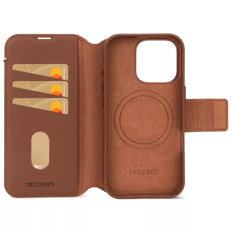Decoded leather detachable wallet phone case for iPhone 16 Pro — brown, genuine leather, microfibre, 6.3 inch screen, 3 card pockets