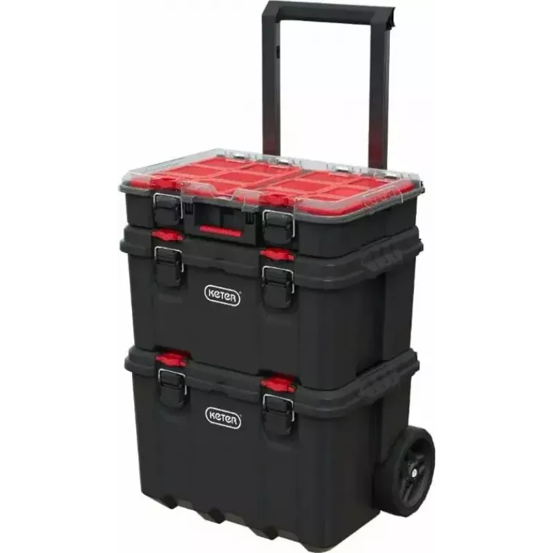 Stacking storage boxes Keter 250927 — set of 3 stackable technopolymer organizers with wheels and lock, 525×694×411 mm, black
