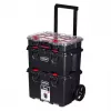 Stacking storage boxes Keter 250927 — set of 3 stackable technopolymer organizers with wheels and lock, 525×694×411 mm, black
