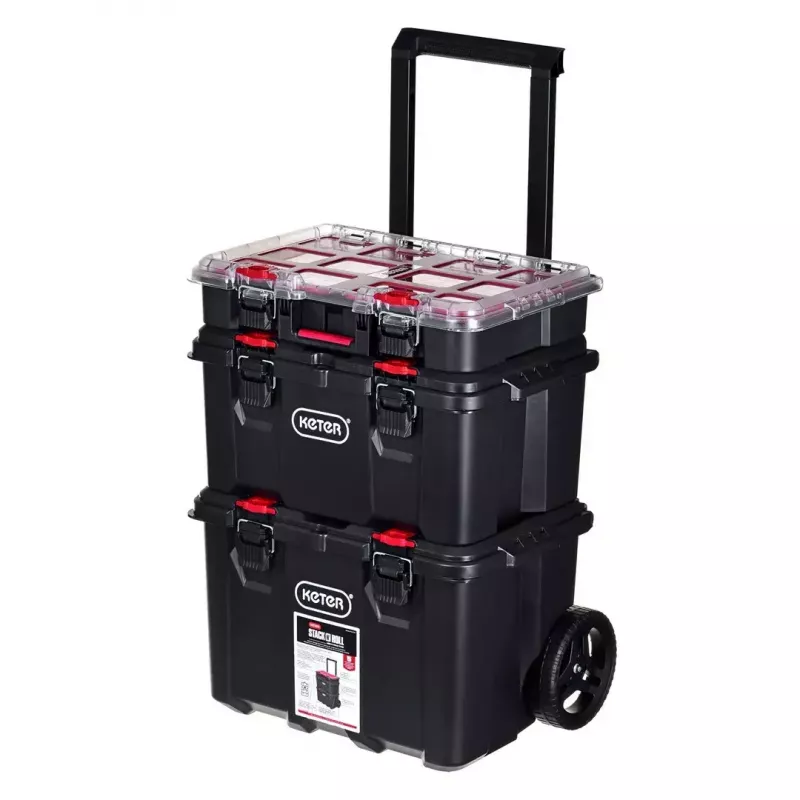 Stacking storage boxes Keter 250927 — set of 3 stackable technopolymer organizers with wheels and lock, 525×694×411 mm, black