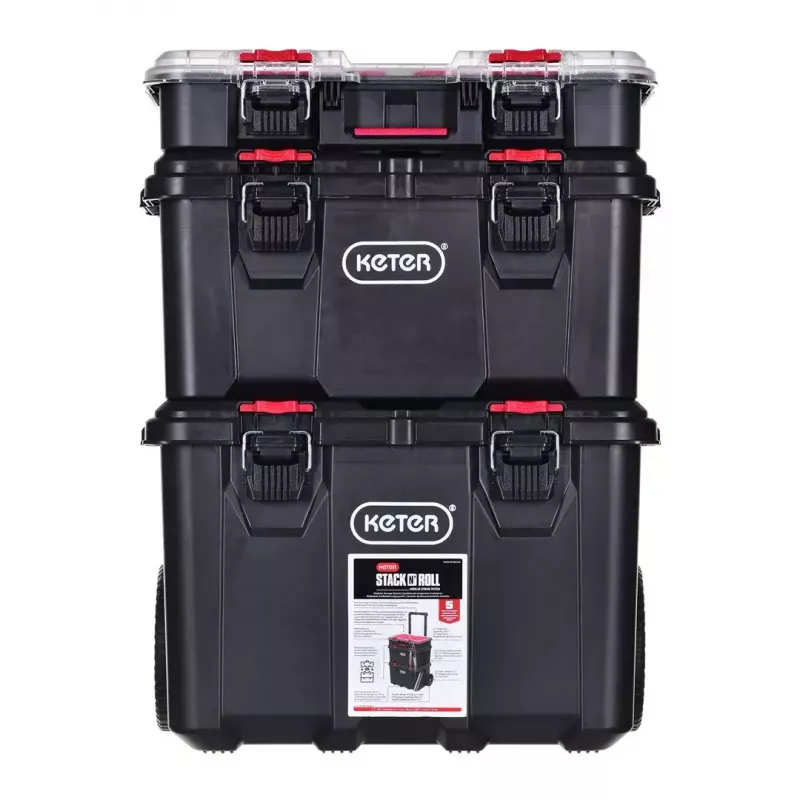 Stacking storage boxes Keter 250927 — set of 3 stackable technopolymer organizers with wheels and lock, 525×694×411 mm, black