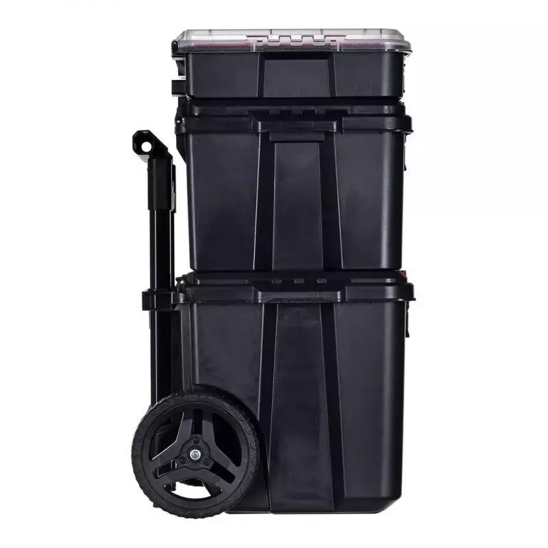 Stacking storage boxes Keter 250927 — set of 3 stackable technopolymer organizers with wheels and lock, 525×694×411 mm, black