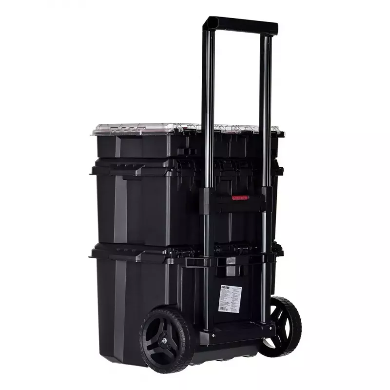 Stacking storage boxes Keter 250927 — set of 3 stackable technopolymer organizers with wheels and lock, 525×694×411 mm, black