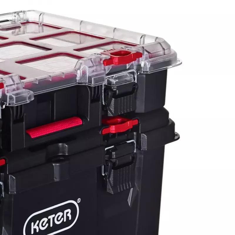 Stacking storage boxes Keter 250927 — set of 3 stackable technopolymer organizers with wheels and lock, 525×694×411 mm, black