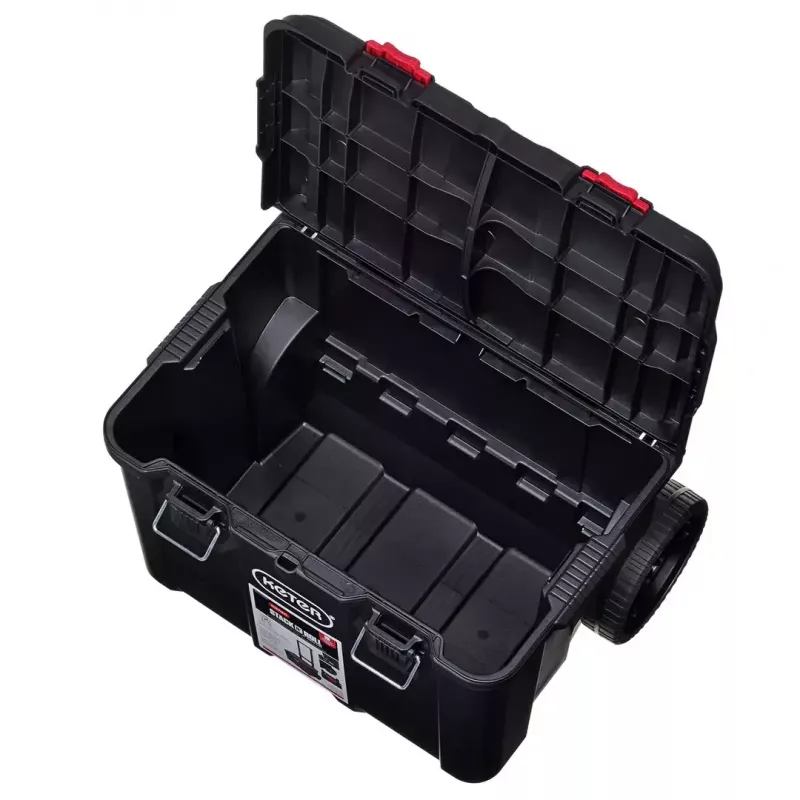 Stacking storage boxes Keter 250927 — set of 3 stackable technopolymer organizers with wheels and lock, 525×694×411 mm, black