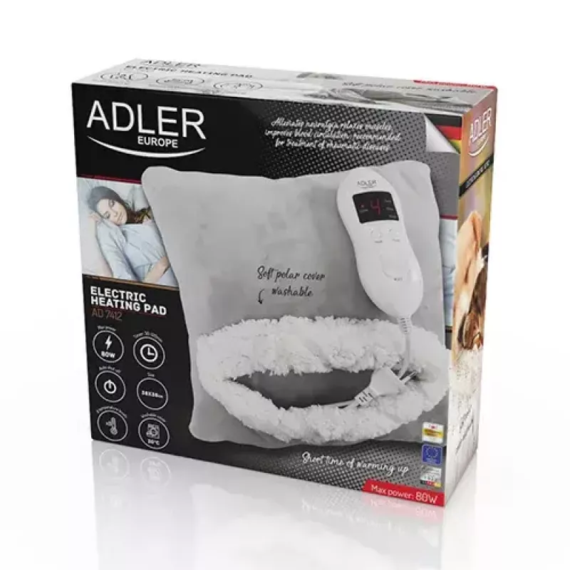Electric blanket Adler AD 7412 — 1-person fleece throw, 80 W, 8 heating levels, washable, timer, grey
