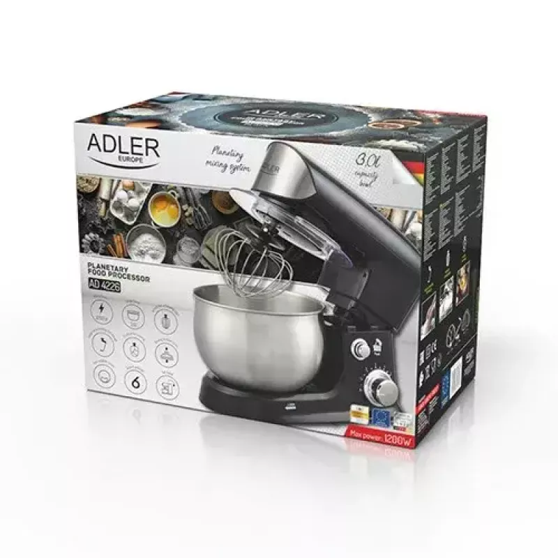 Food processor Adler AD 4226b — 700 W (max 1200 W), 3 L stainless steel bowl, 6 speeds, planetary rotation