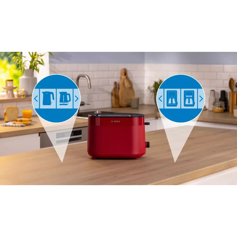 Toaster Bosch TAT2M124 — 2-slice 950 W, red, bread centering, defrost, lift