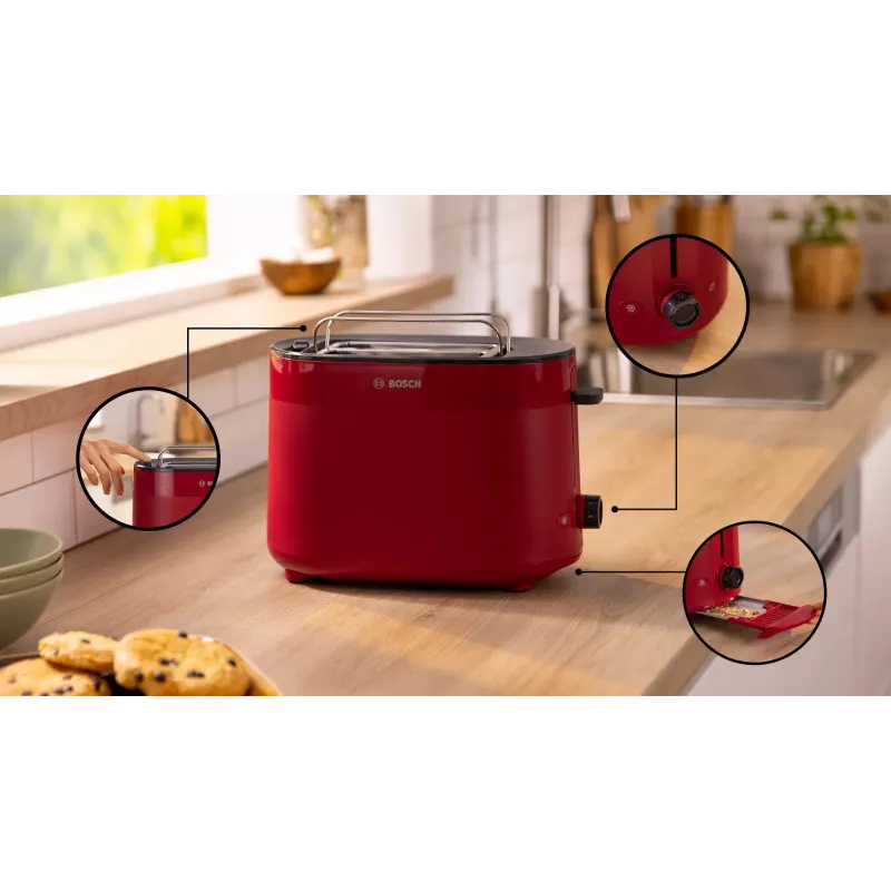 Toaster Bosch TAT2M124 — 2-slice 950 W, red, bread centering, defrost, lift