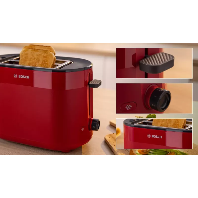 Toaster Bosch TAT2M124 — 2-slice 950 W, red, bread centering, defrost, lift