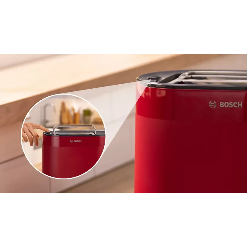 Toaster Bosch TAT2M124 — 2-slice 950 W, red, bread centering, defrost, lift