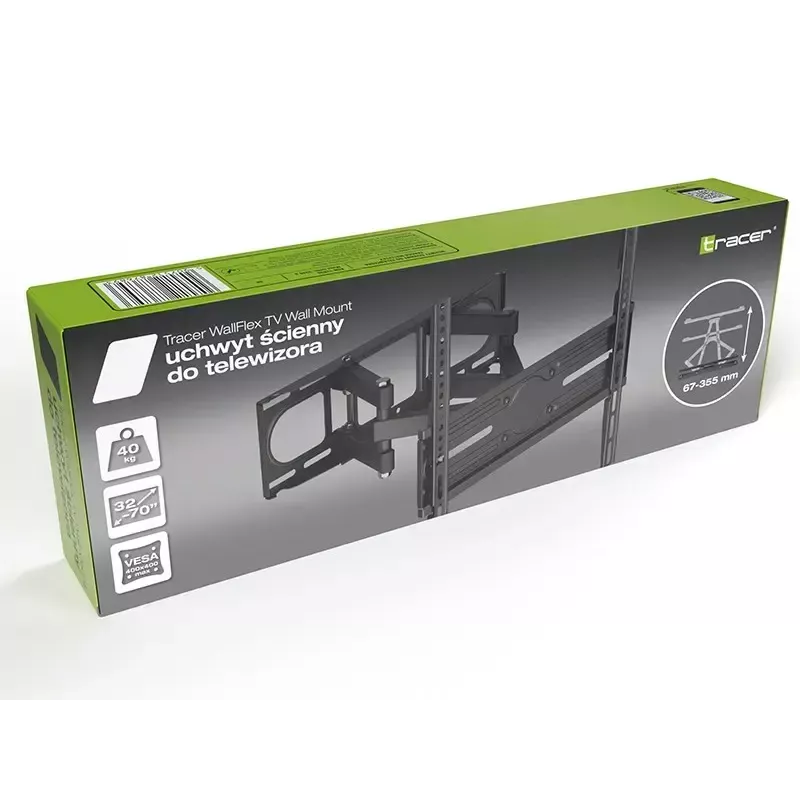 Wall TV mount TRACER TRAUCH47656 – adjustable tilt +3° to -15°, flexible arm, black, fits 37 inch–70 inch, max weight 40 kg, width 450 mm, depth 35.5 cm