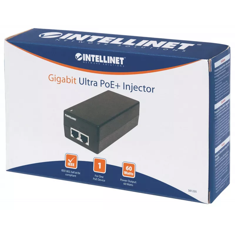 Intellinet Gigabit Ultra PoE+ Injector, 1 x 60 W Port, IEEE 802.3bt and IEEE 802.3at/af Compliant, Plastic Housing