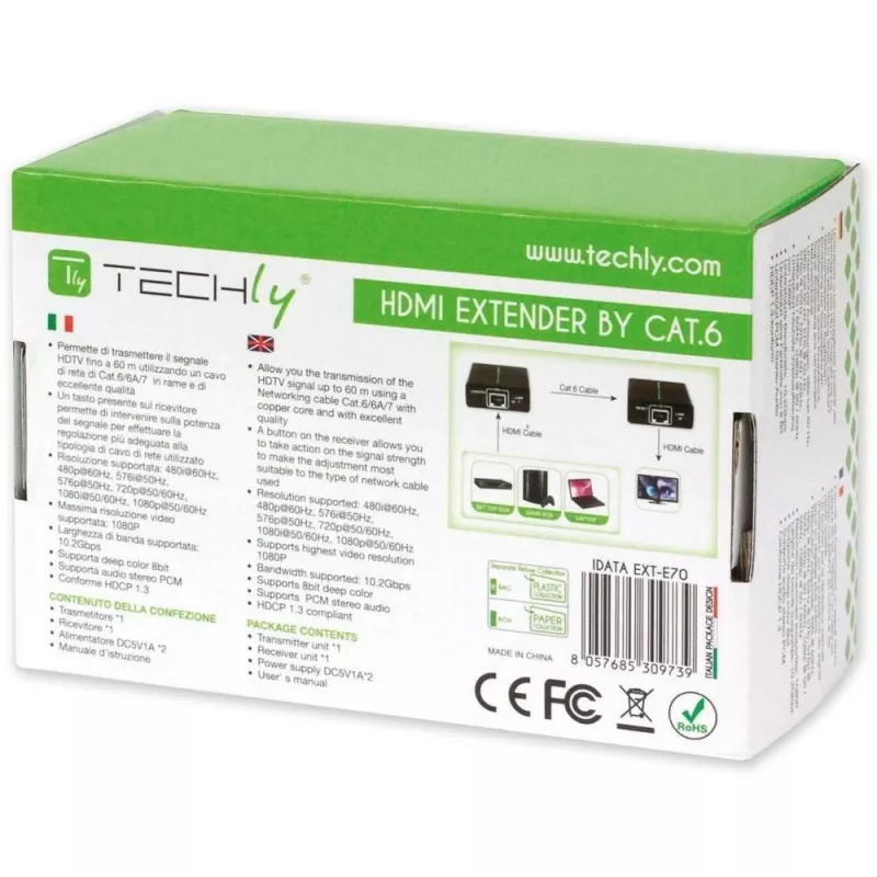 AV transmitter & receiver TECHLY IDATA EXT-E70 — HDMI over Cat6/6a/7 extender, Full HD 1920x1080, 60 m, 10.2 Gbit/s, HDCP, black