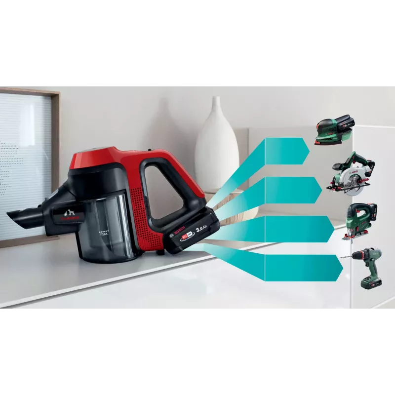 Bosch BBS711ANM stick vacuum/electric broom Battery Dry Bagless 0.3 L Black, Red, Stainless steel