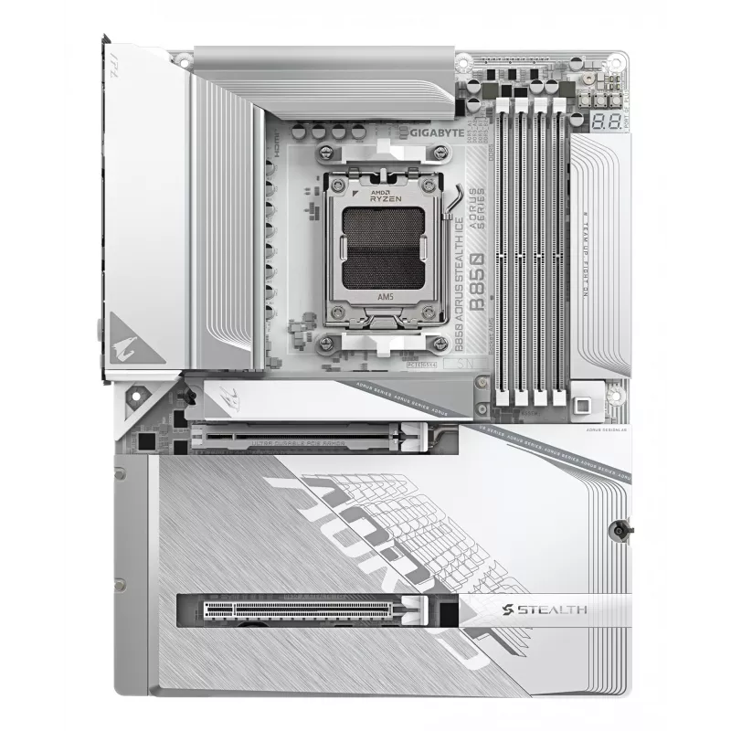 GIGABYTE B850 AORUS STEALTH ICE ATX Motherboard for AMD Socket AM5 — B850, 14+2+2 VRM, DDR5 up to 8200MHz (OC), 2×PCIe5, 2×PCIe4 M.2, Wi‑Fi 7, 5GbE