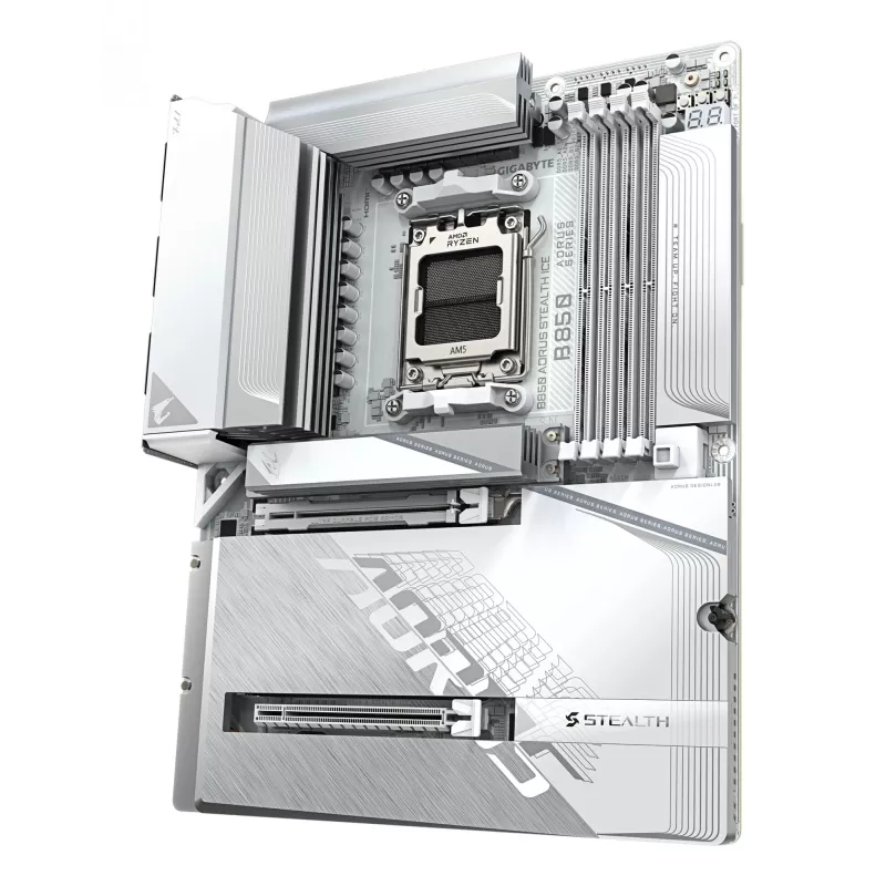 GIGABYTE B850 AORUS STEALTH ICE ATX Motherboard for AMD Socket AM5 — B850, 14+2+2 VRM, DDR5 up to 8200MHz (OC), 2×PCIe5, 2×PCIe4 M.2, Wi‑Fi 7, 5GbE