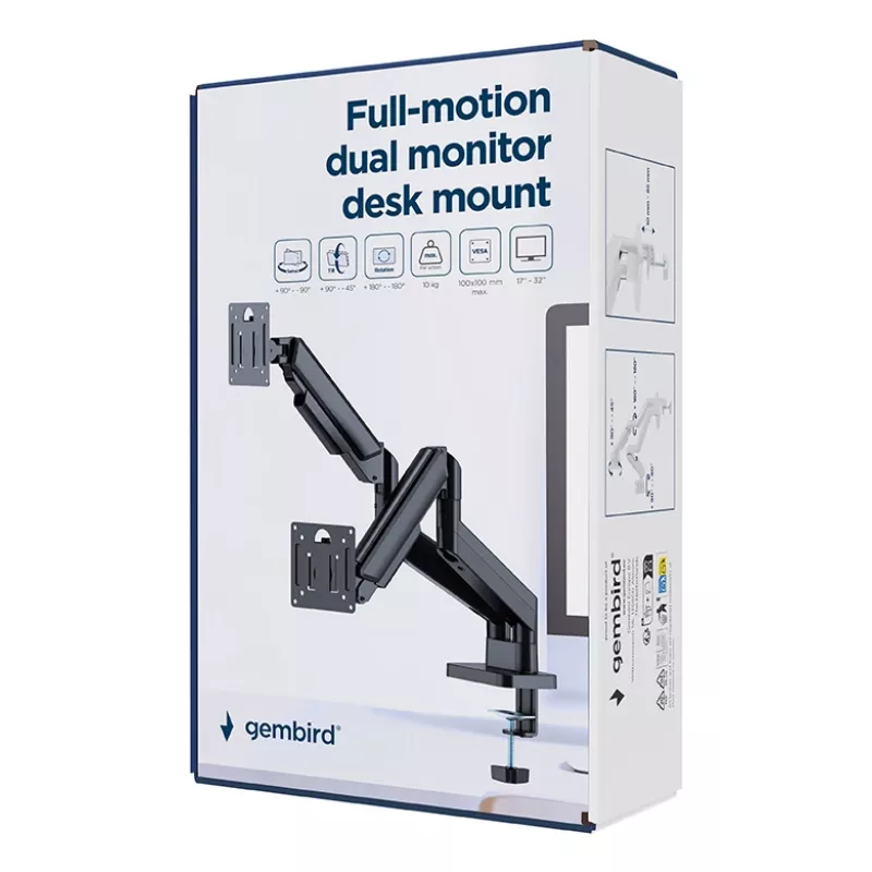 GEMBIRD Desk Mounted Adjustable Double Monitor Arm 17-32 inch, Black